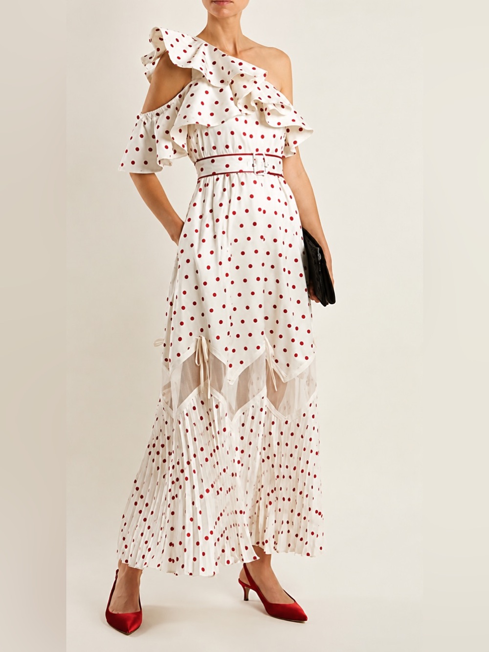 Self-Portrait White One-Shoulder Red Polka Dot Maxi Dress-US Sz 4